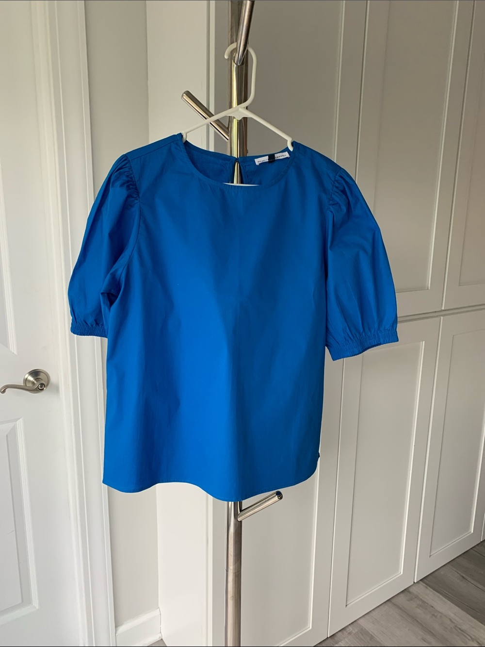 Michelle McDowell Slightly Puff Sleeve Blouse in Cobalt Blue, Size L.